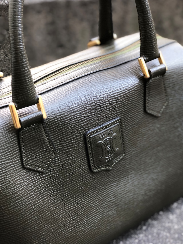 CELINE セリーヌ ブラゾン型押し ミニボストン ハンドバッグ カーキ vintage ヴィンテージ オールドセリーヌ 32rshv