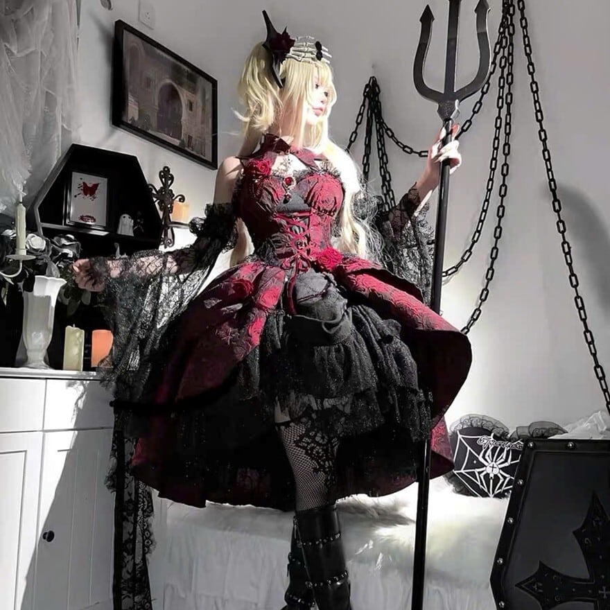 ゴスロリ ドレス コルセット風 レースアップ レイヤードスカート 撮影