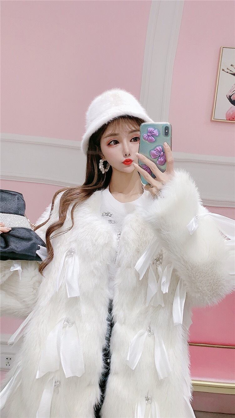 白 リボン ラインストーン キラキラ ファーコート アウター ジャケット