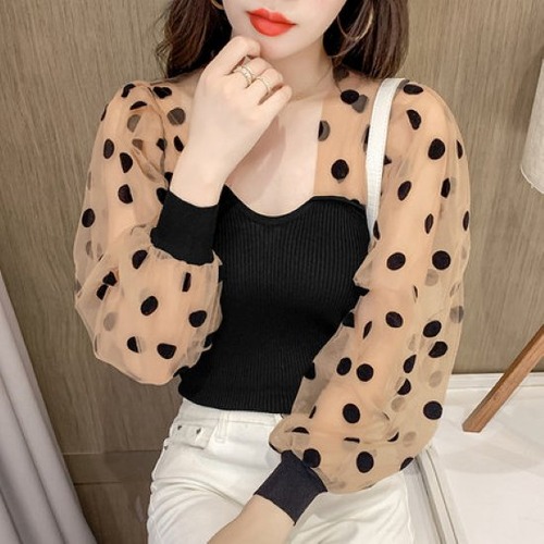 ニット レディース トップス ビスチェ シースルー シフォン ドット柄 水玉 異素材ミックス スクエアネック 透け感 カジュアル お出掛け おしゃれ きれいめ 長袖 春秋 ニット レディース ビスチェ