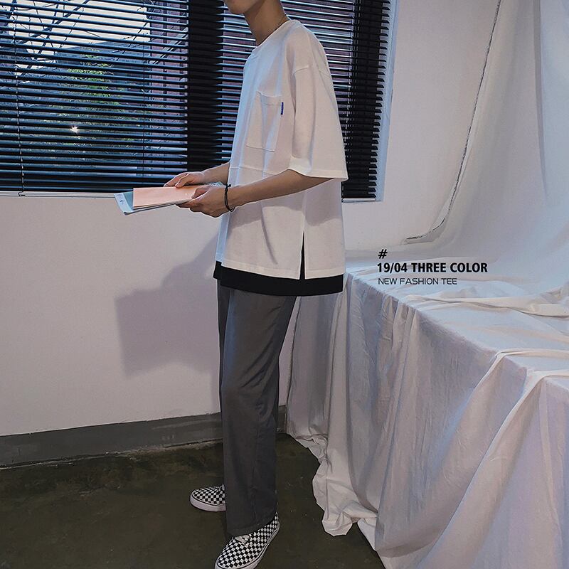 全2色 Tシャツ カットソー 無地 カジュアル 重ね着風 おしゃれ