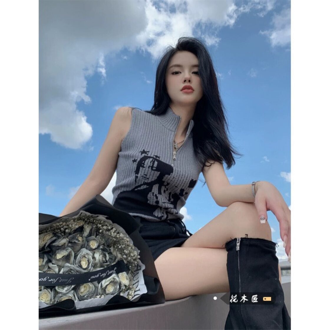 アメリカンレトロポートレートシルエットハーフハイカラーベスト女性 