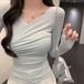 3色／クロスVネックギャザーTシャツ ・76163