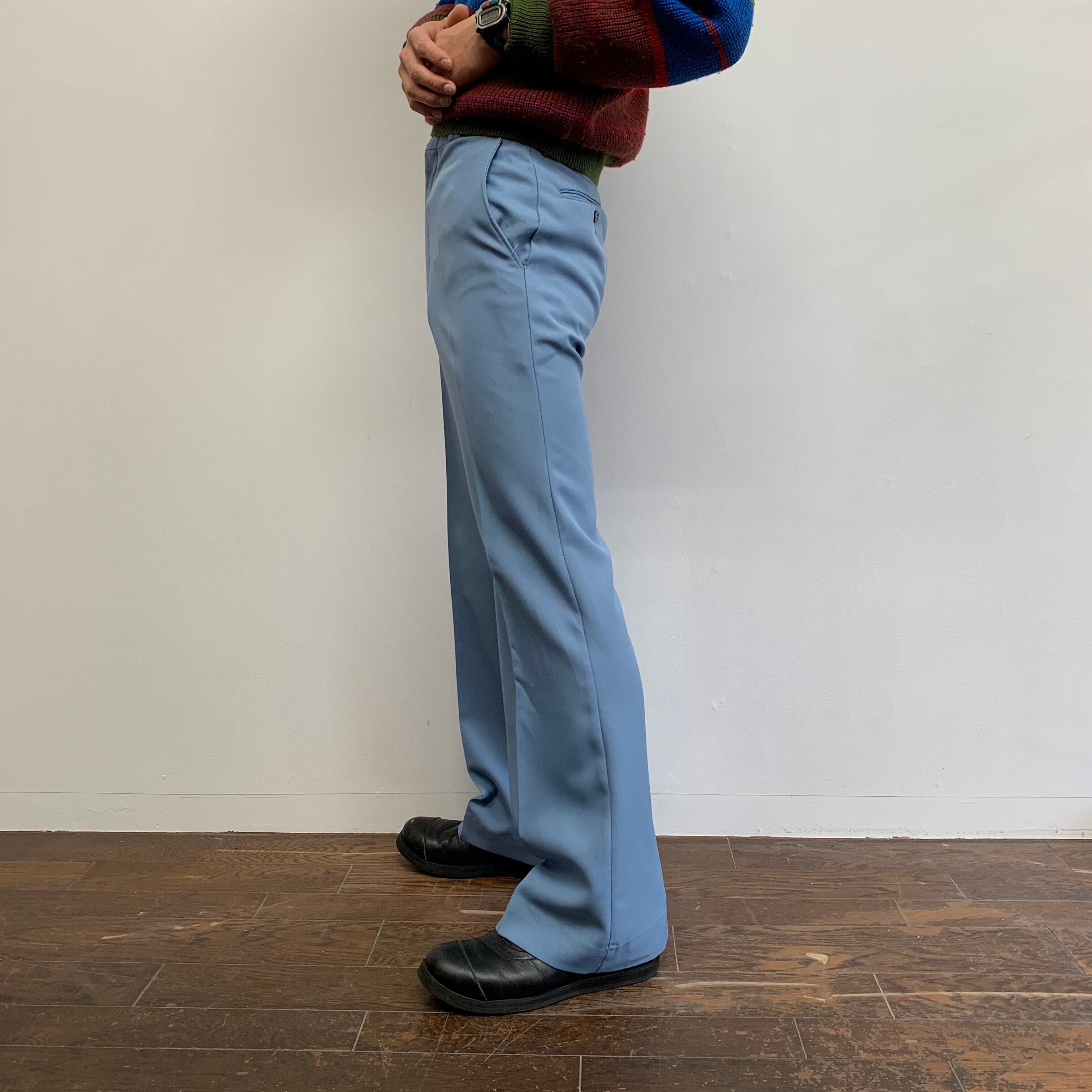 0165. 1970's poly slacks サックスブルー 水色 ポリスラックス パンツ 70s 70年代 vintage 古着