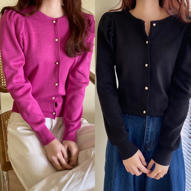 全4色 ピンク/ホワイト/ブルー/ブラック レディース パフスリーブ ニットカーディガン ビジューボタン ショート丈