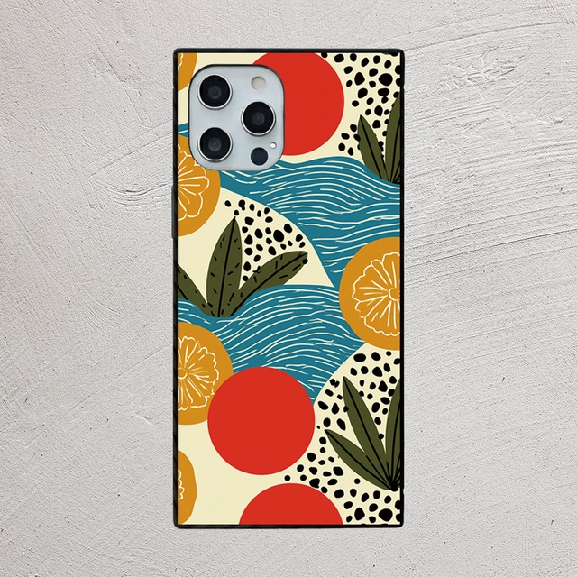 受注生産 iPhoneケース 赤い実と青い波の民芸柄｜フォークアート FMSY030B