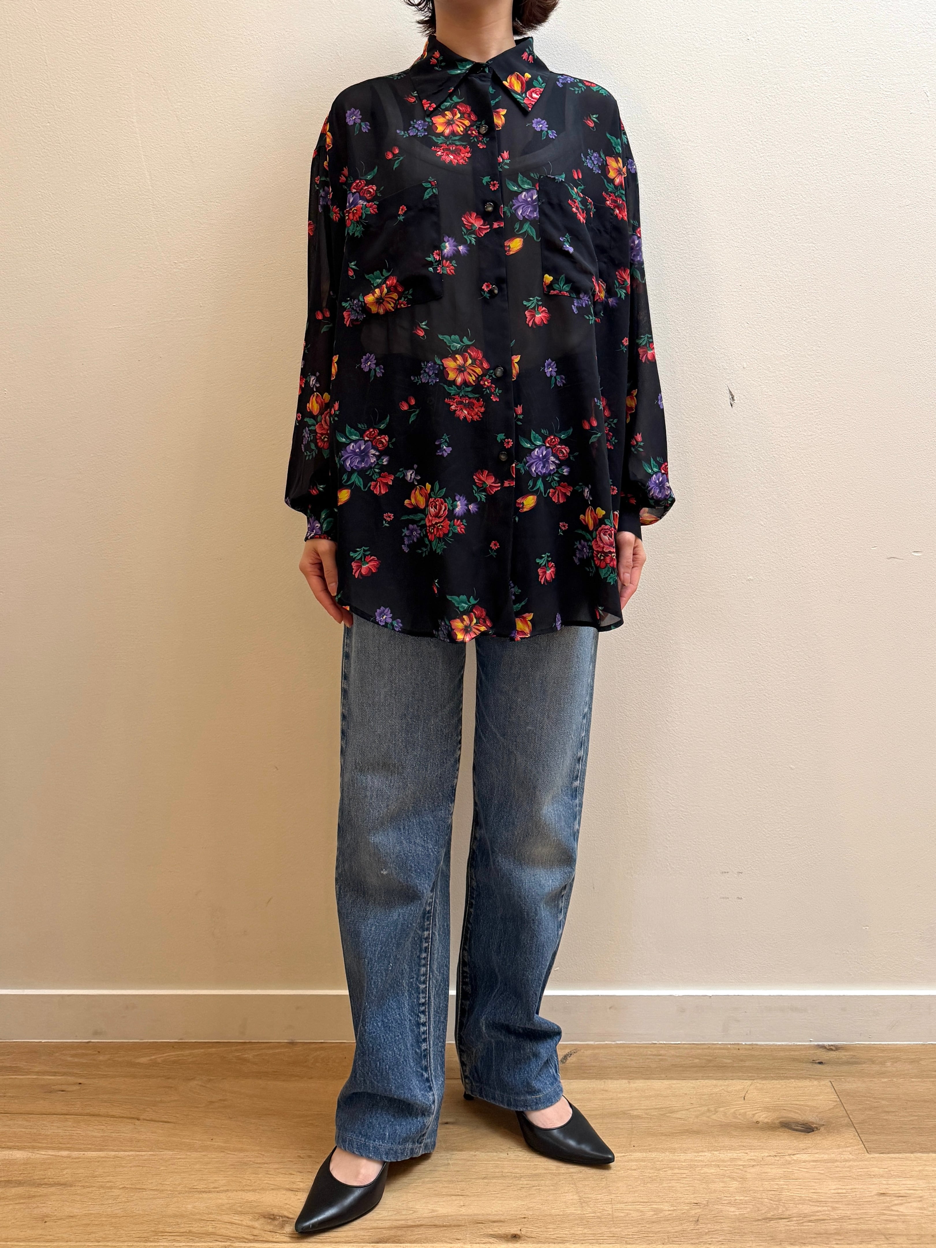 BL10-15 90s USED GAP FLOWER SHIRT "BLACK"