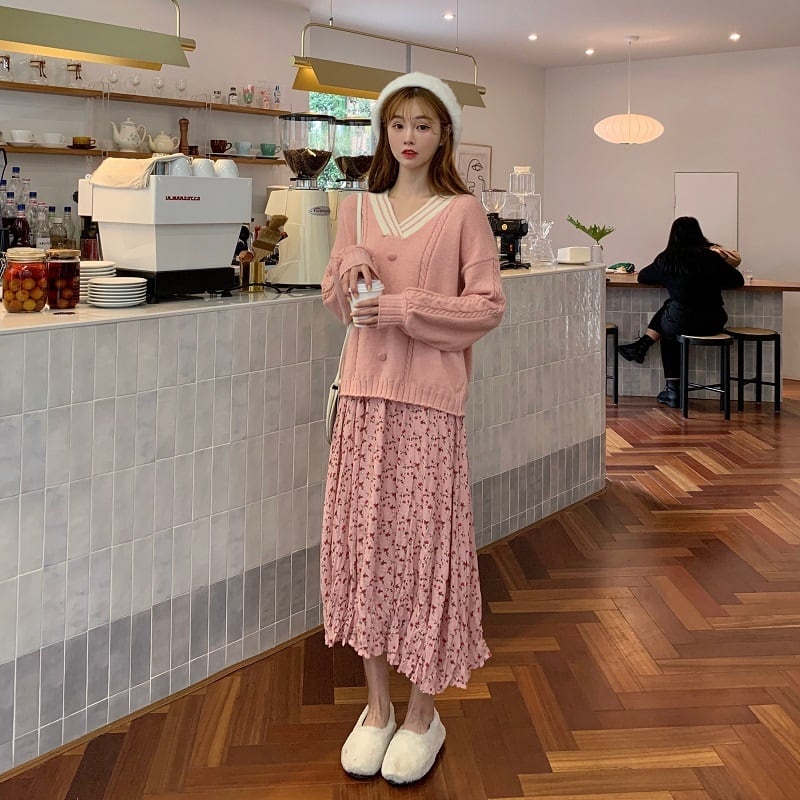 ルーズVネックプルオーバー スリーブ 袖ニット セーター花柄 お花