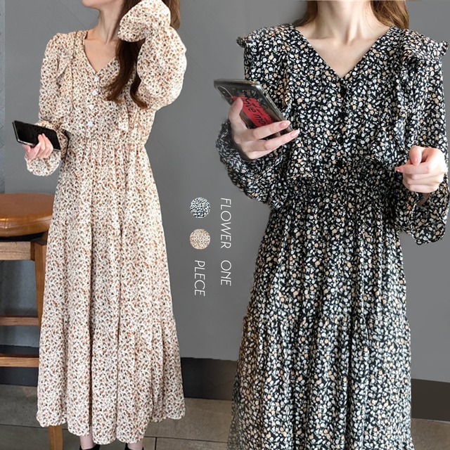 ワンピース レディース 花柄ワンピース 長袖 ロング丈 シフォンワンピ