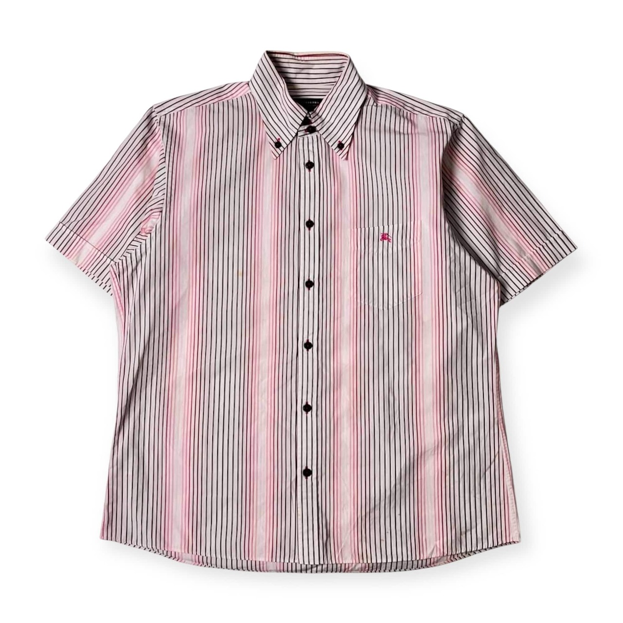 BURBERRY BLACK LABEL バーバリー ブラックレーベル ストライプ BD ボタンダウン 半袖シャツ 3/ピンクレッド 系/メンズ/三陽商会