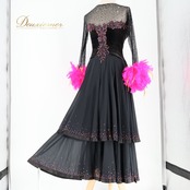 社交ダンス 衣装 YANAGIDA DANCE WEAR ヤナギダダンスウェア ドレス ワンピース ブラック系 ピンク系 黒 ファー スリット デモ 競技 華やか ダンス パーティ 発表会 高級感 レディース エレガント 用 上品 ダンス衣装