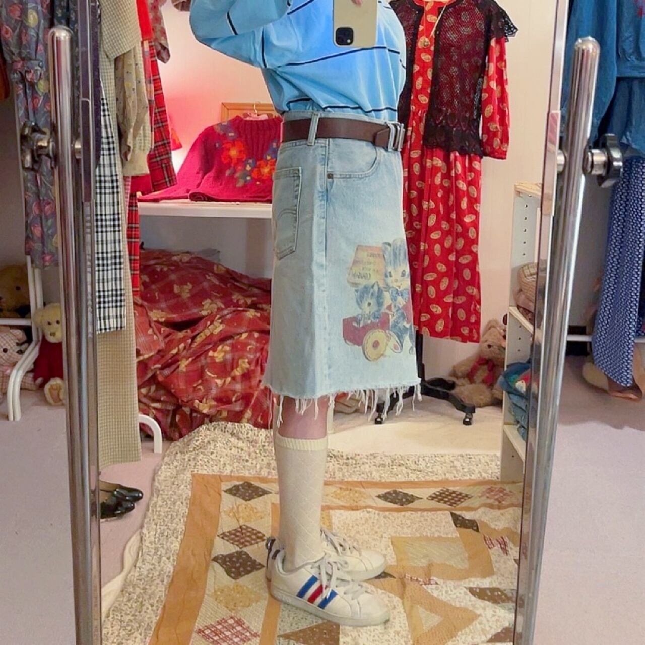 cat printed denim skirt