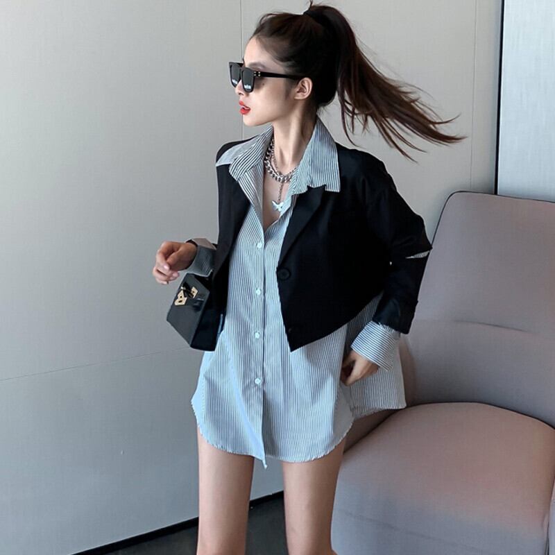 ロングストライプシャツ レッドスタイルショートジャケット サマー 夏物 ガールズファッション6433402707