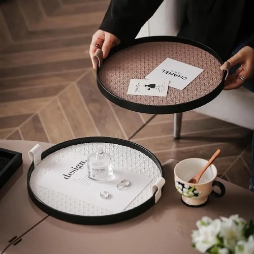 トレイ 円形 ハンドル付き 取っ手付き コーヒートレー レザートレー スタイリッシュ 香水 丸型 北欧 コスメ 化粧品 雑貨