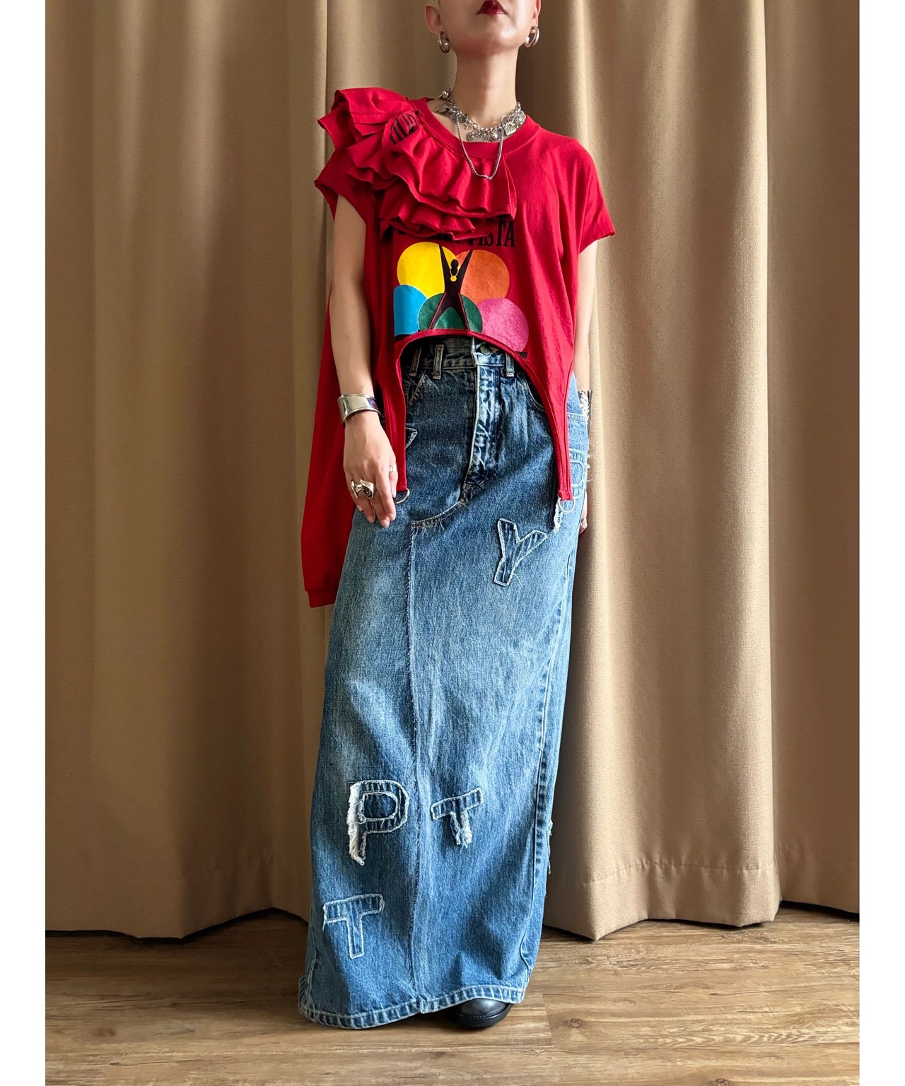 garter belt design red remake long t shirt-4357-9