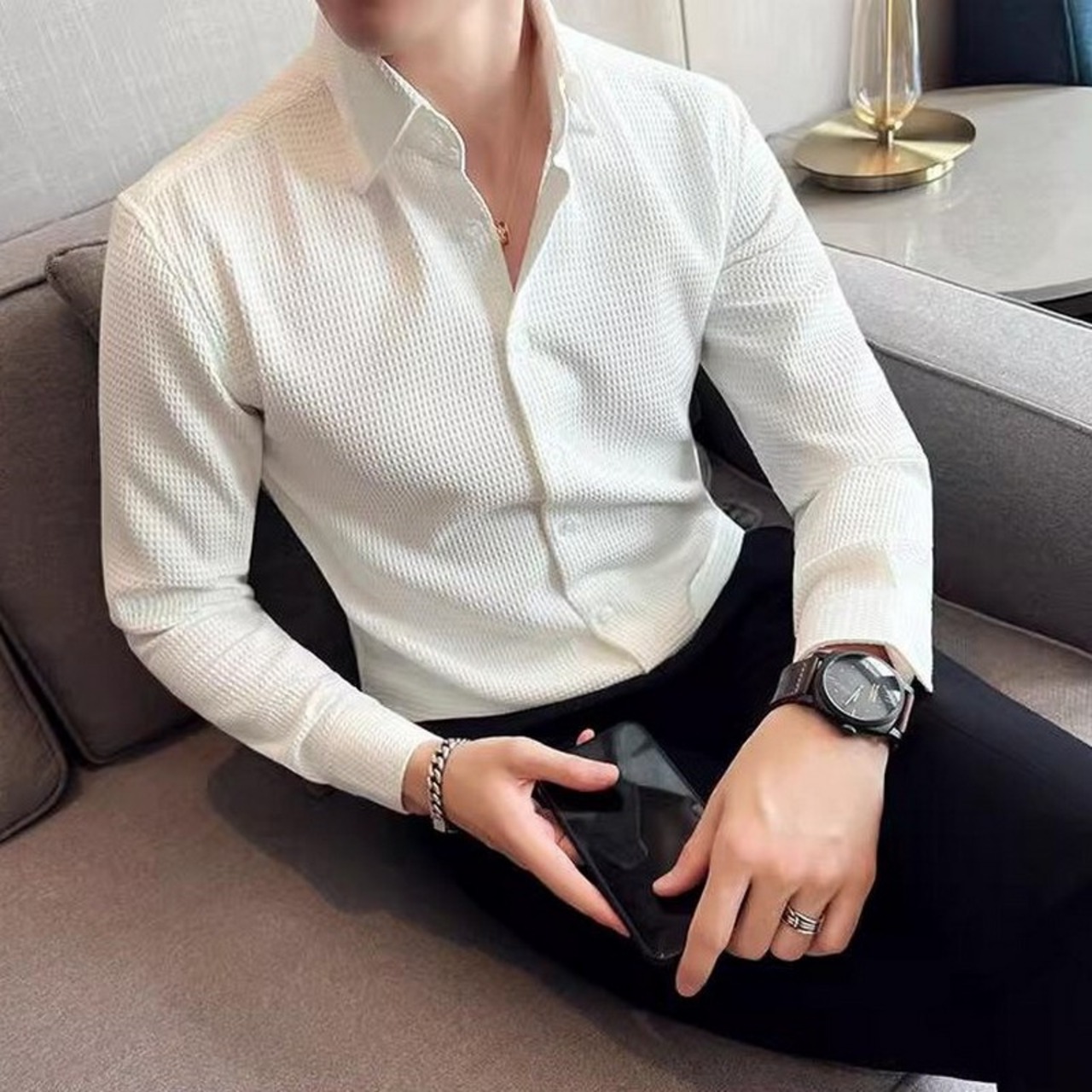 business casual waffle shirt 00244