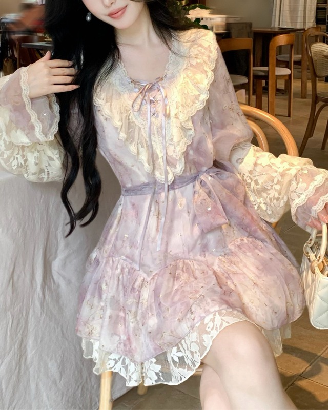 ニュアンスプリント レースフレアスリーブ×フリルワンピース 2608988