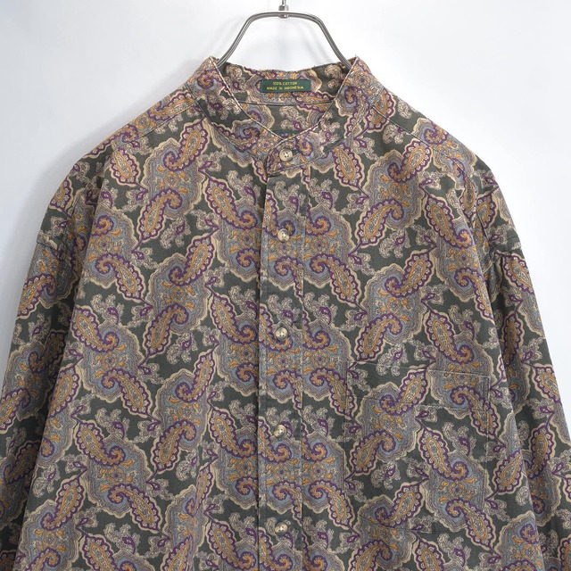 90s CLUB ROOM クラブルーム スタンドカラー ペイズリー 総柄 クラシックデザイン コットンシャツ メンズ ヴィンテージ ビンテージ USA アメリカ古着 メンズLサイズ