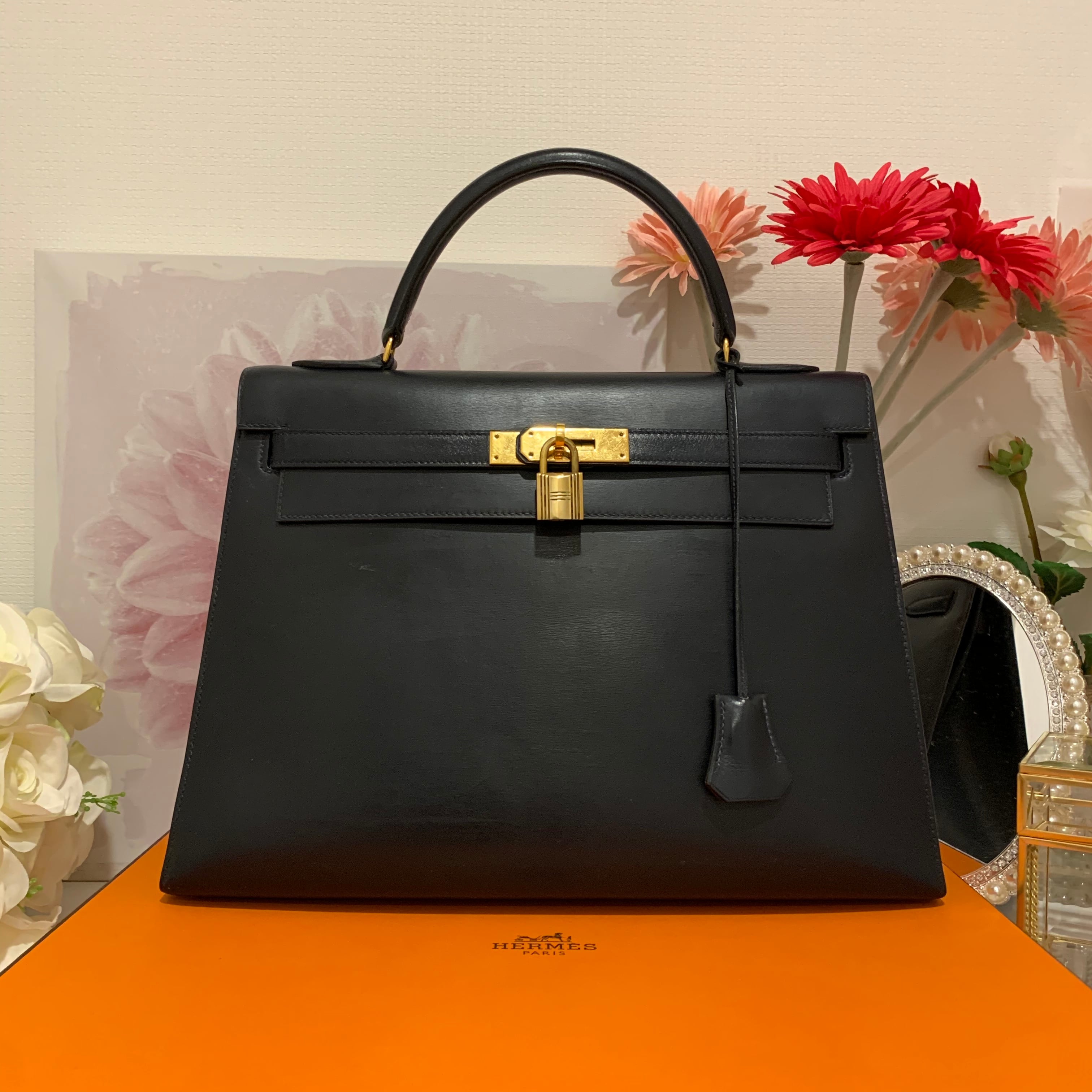 HERMES エルメス ケリー32 ボックスカーフ ネイビー 〇N刻印 G金具 