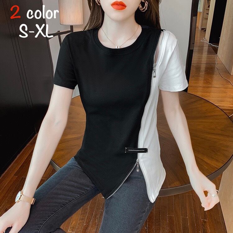 Tシャツ レディース トップス 半袖 ラウンドネック ジッパー ファスナー スリム レトロ カジュアル きれいめ 上品 清楚 お洒落 普段使い 普段着 日常使い お出かけ デート 女子会 休日 夏 ホワイト 白 グレー 灰色 S M L XL 10代 20代 大人 大人かっこいい コーデ コーディネート 韓国 ファッション オルチャン お取り寄せ 送料無料 hll-0270