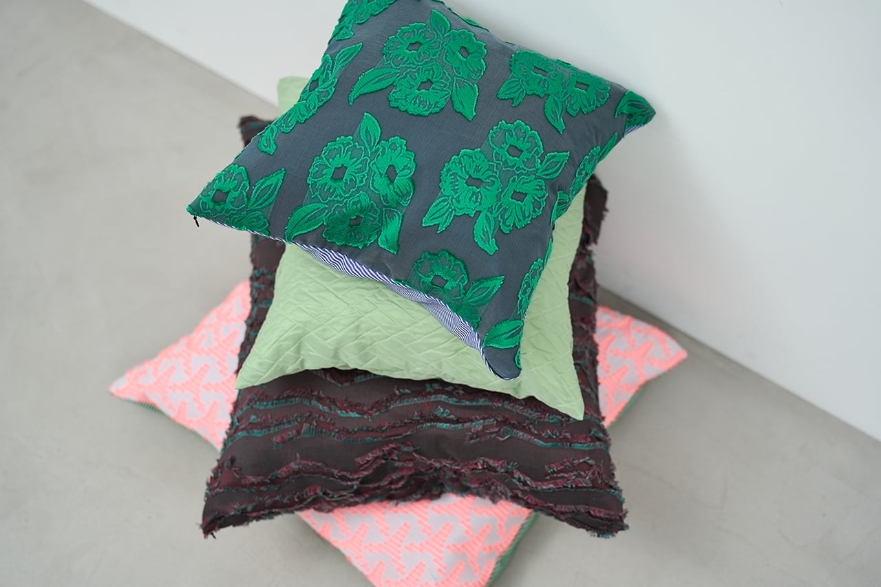 Cushion cover / green flower × blue stripe / M | Jacquard Works