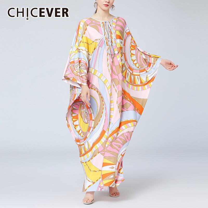CHICEVERヴィンテージドレス女性Oネックバットウィングスリークォータースリーブレースアップ不規則なプリントドレス2020服 ビンテージ 6base567237431422