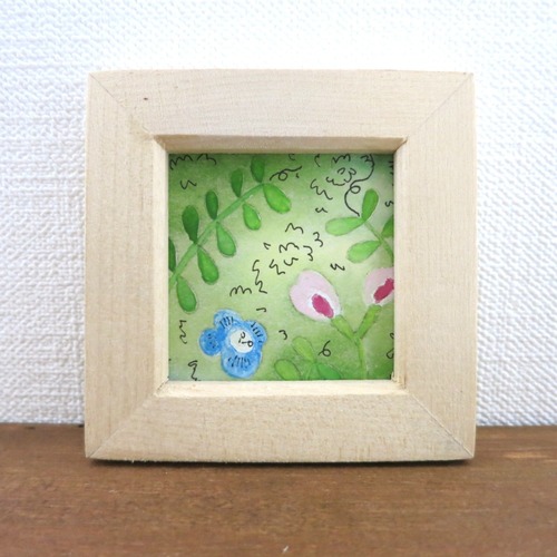 【日本画原画】オオイヌフグリとカラスノエンドウ① 絵画 ミニ額付き ミニアートパネル インテリアアート