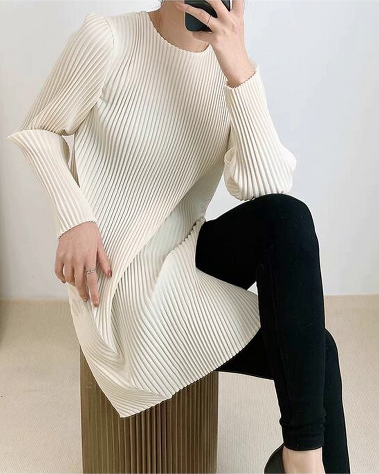 リブプリーツロングトップス 3color A0547 - 2