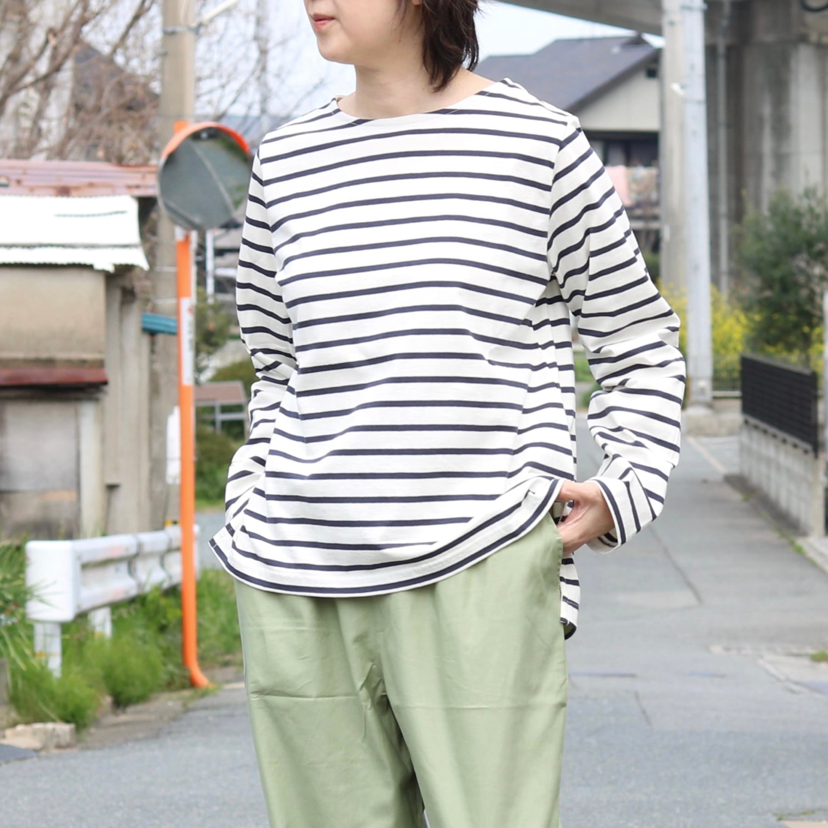 コットン ボートネック ボーダーカットソー