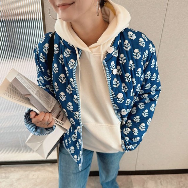 Printed mandarin collar quilted jacket 00575