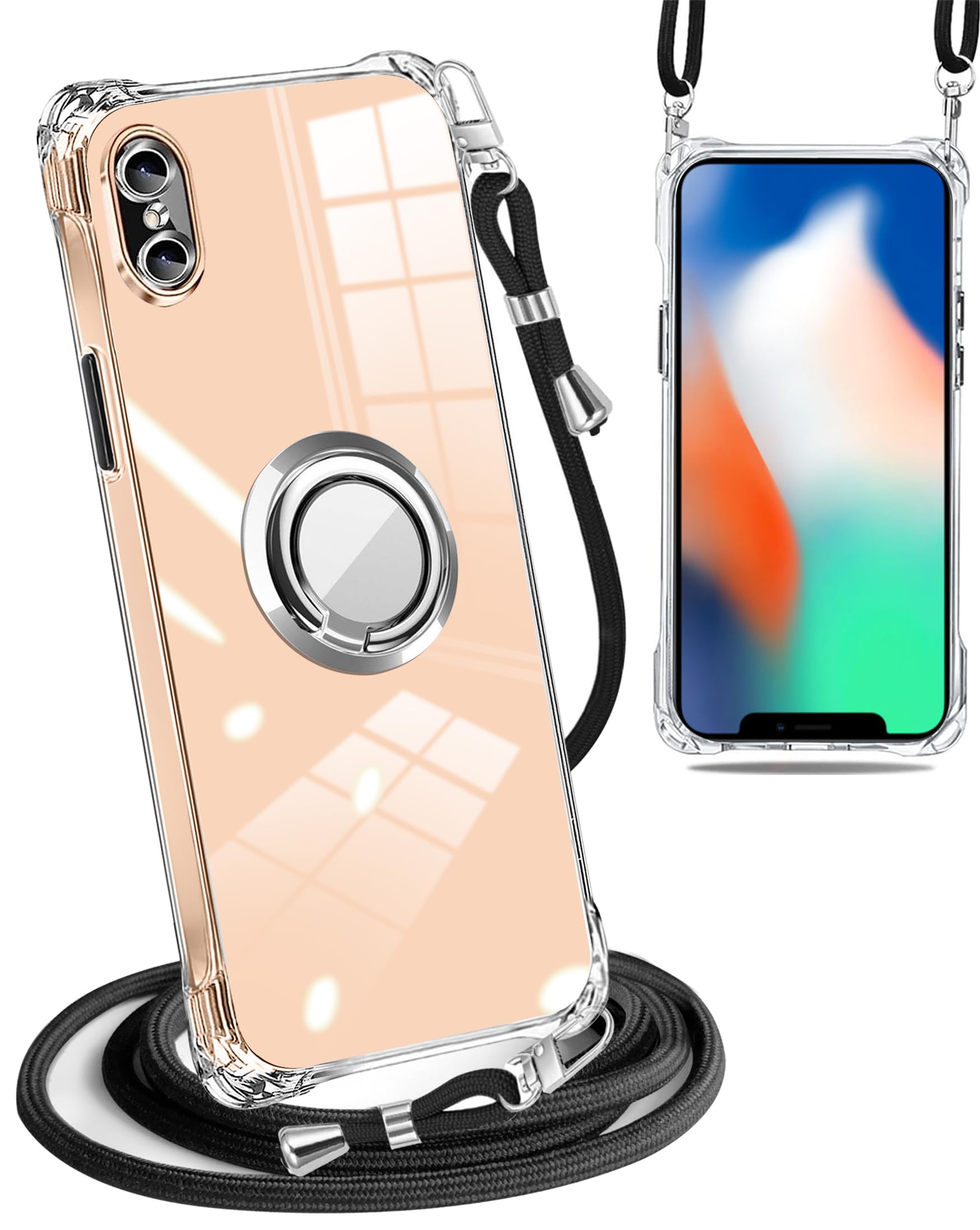 nahailun iPhone xs ケース 軽量 リング付き ショルダー付き 耐衝撃ソフト クリア TPU カバー ベーシック シリーズ アイフォン xs 用 スマホケース 首掛け 肩掛け 斜めがけ 付き 縦/横 2WAY 調節可能なショルダー 携帯ケース 5.8インチ(透明)