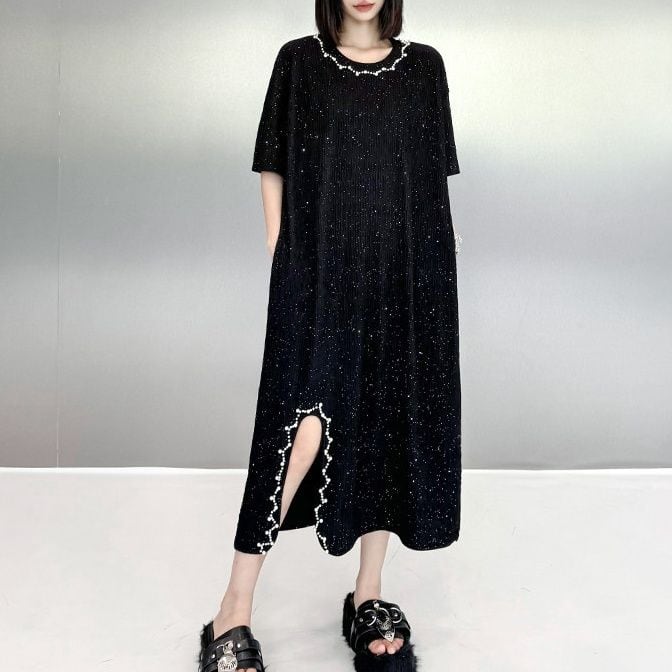 PEARL EMBELLISHED SLIT SHORT SLEEVE MAXI DRESS M-17178