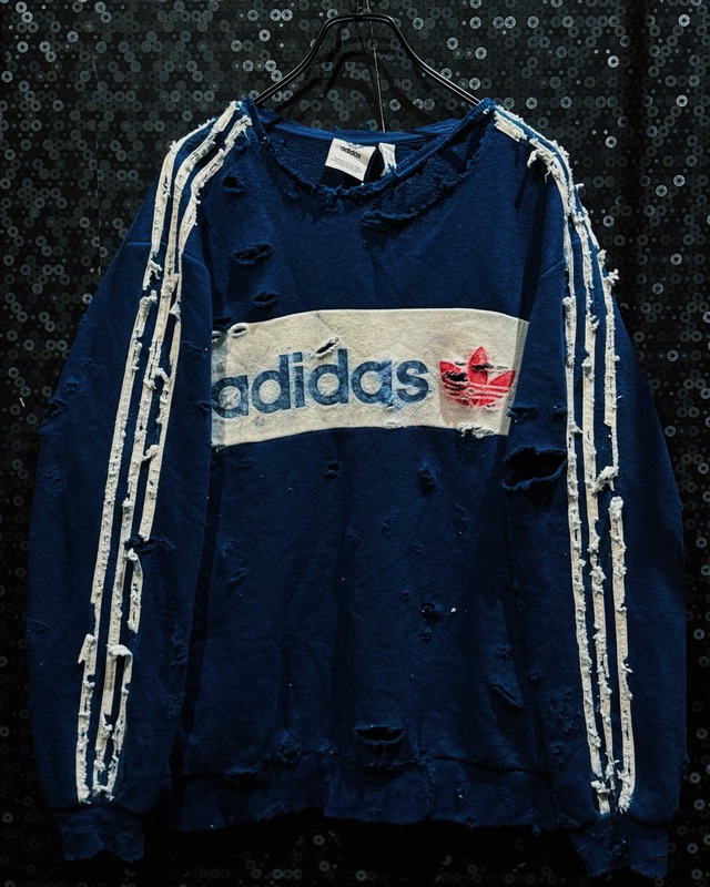 【ÆIEM】original “boro” re:make adidas Originals Trefoil Panel Sweat – Navy × Off White Destroyed Edition