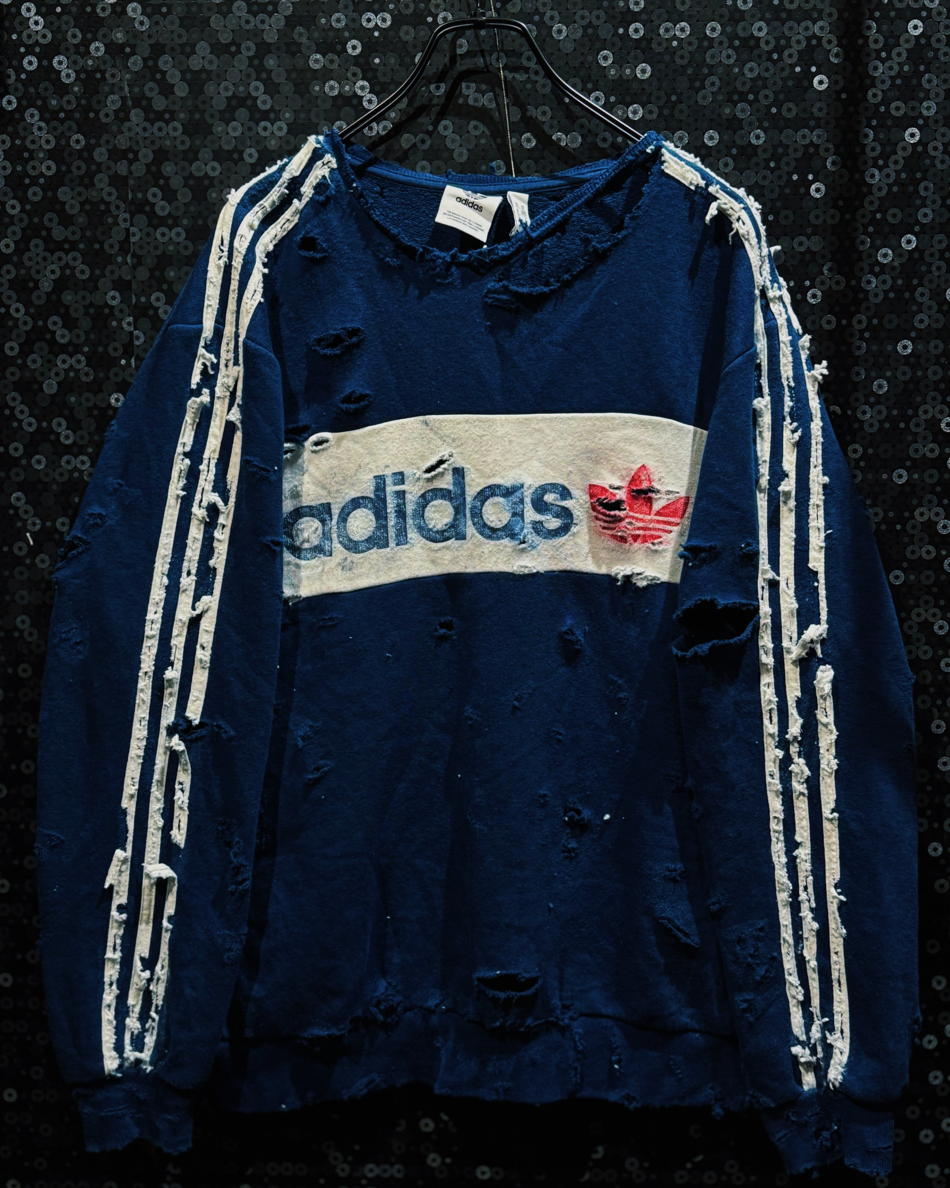 【ÆIEM】original “boro” re:make adidas Originals Trefoil Panel Sweat – Navy × Off White Destroyed Edition