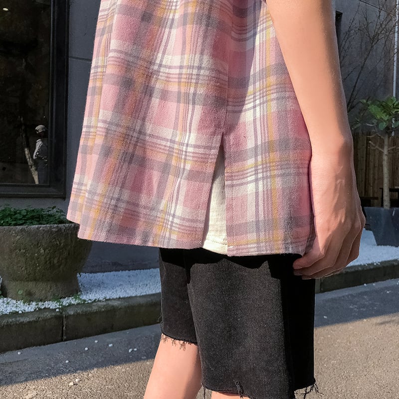 全2色 シャツ トップス チェック カジュアル 羽織 半袖 重ね着