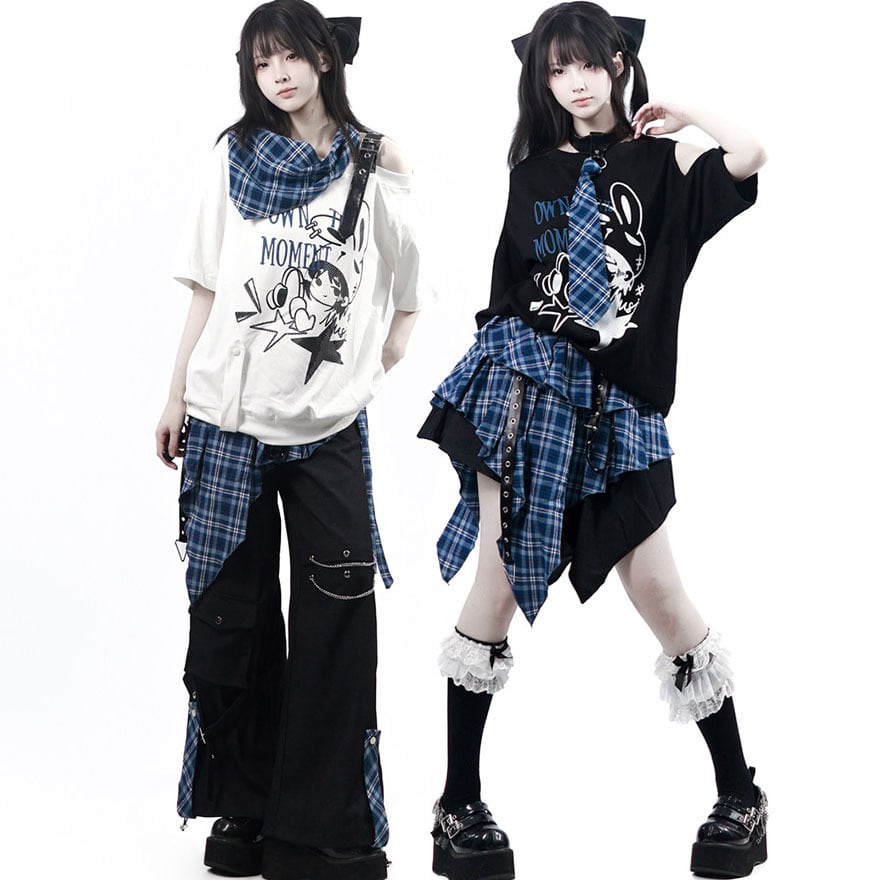 サブカル系 地雷系 オフショル Tシャツ 参戦服 【白黒ネクタイスカーフ付】
