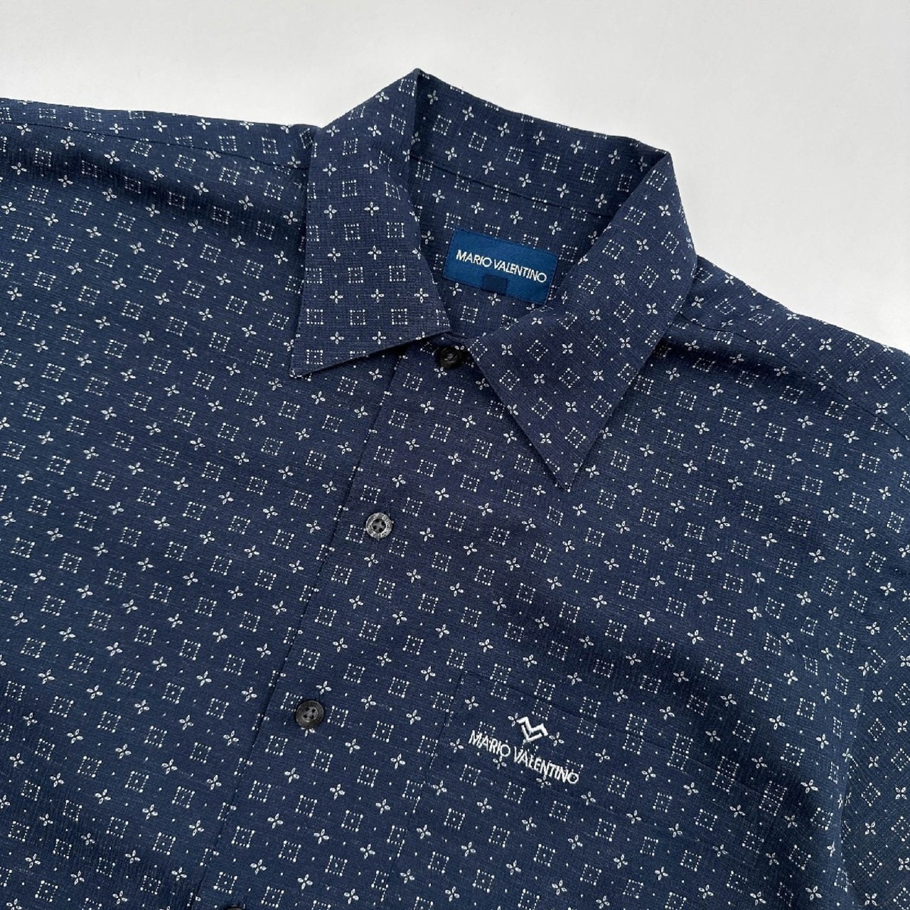MARIO VALENTINO マリオヴァレンティノ リネン混 総柄 半袖 シャツ 薄手 サイズ M/ネイビー 系 麻