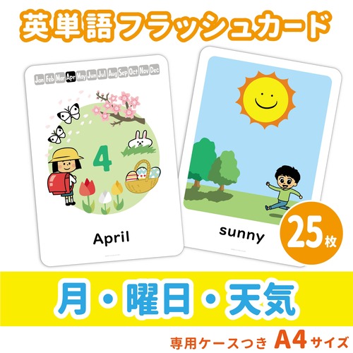 【英単語フラッシュカード】  月・曜日・天気／A4サイズ／25枚セット