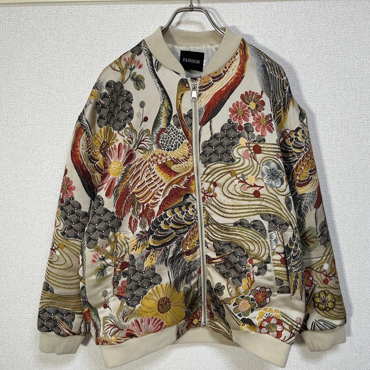【スカジャン】和柄　刺繍　花柄　総柄　ゴールド　鳥　ボタニカル　激レアP4 スカジャン】和柄刺繍花柄総柄ゴールド鳥ボタニカル激レアP4 | ヤマダ