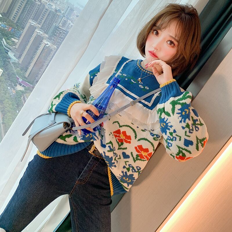 パターンレースルーズニットセーター ウィンター 冬物 ステッチ MIUCO96122360454