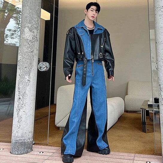 予約販売】メンズ セットアップ 上下 長袖 デニム 異素材 レザー