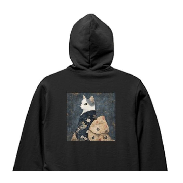 「振り返る猫の和装」プルオーバーパーカー/"Looking Back Cat in Japanese Clothing" Pullover Hoodie