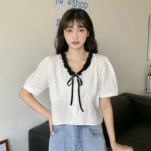 ✞ Vネックレース半袖スリーブブレストシャツブラウスサマー ショート 夏物 ✞ゴスロリ SM ミリ 甘ロリ クラロリ 和ロリ エレガント 黒ロリ 姫ロリ 華ロリ BB-BB5531646
