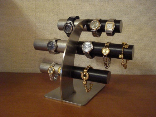 上段、中段は男性用、最下段は女性用14本掛け反り返るデザイン左ステンレス＆ブラック腕時計スタンド　