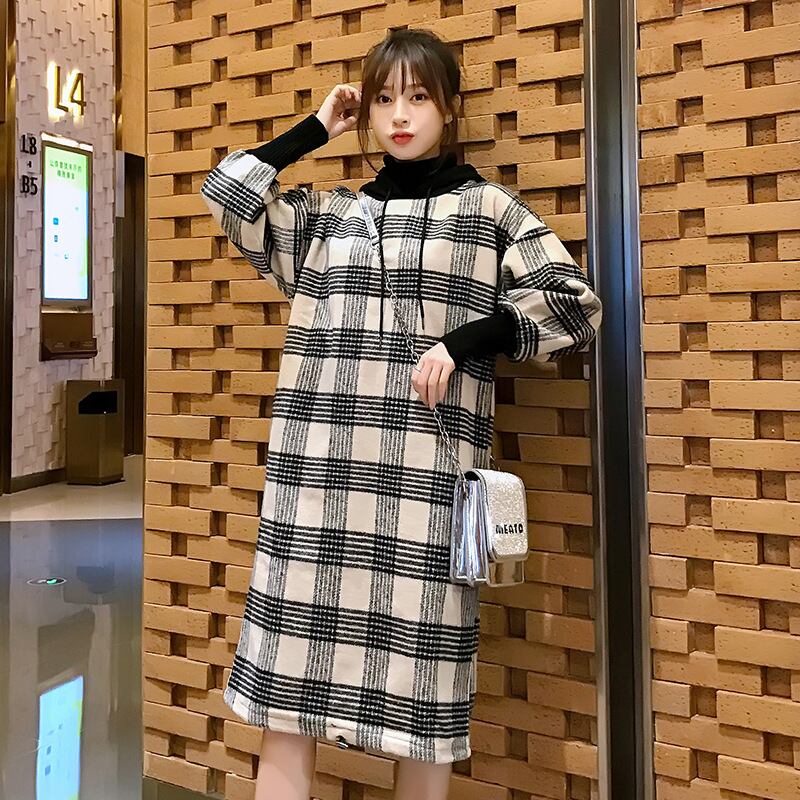 【新作】【送料無料】 マタニティウェア2019秋冬バージョンの新しいファッションハイカラーチェック柄が膝の上にゆったりとプラスサイズのマタニティドレス-アリババ 大きめサイズ オータム 秋物 ウィンター 冬物 expec253777457571