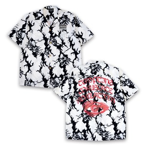 T.C.R SKULLS OPEN COLLAR S/S SHIRTS  -  BLACK / WHITE