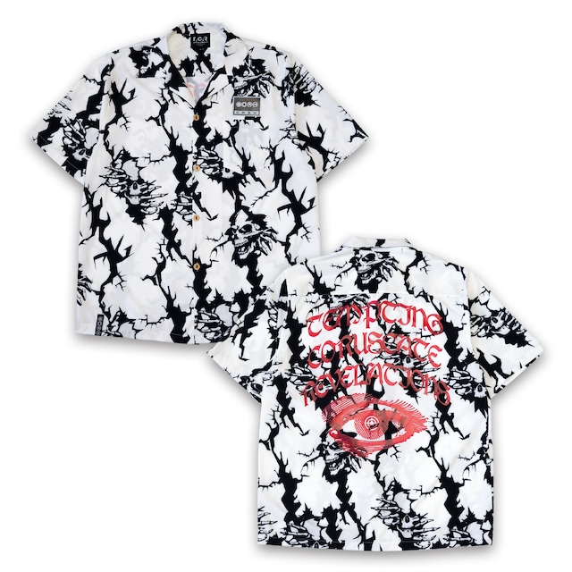 T.C.R SKULLS OPEN COLLAR S/S SHIRTS  -  BLACK / WHITE