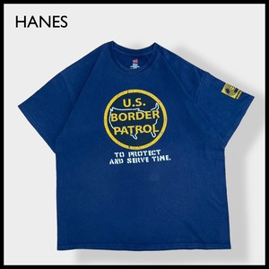 【HANES】XL ビッグサイズ Tシャツ ロゴ プリント 袖ロゴ 袖プリント US BORDER PATROL 国境警備 半袖 ネイビー US古着