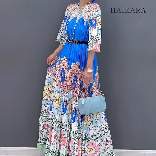 Floral pattern retro style pleated pattern 3/4 sleeve dress