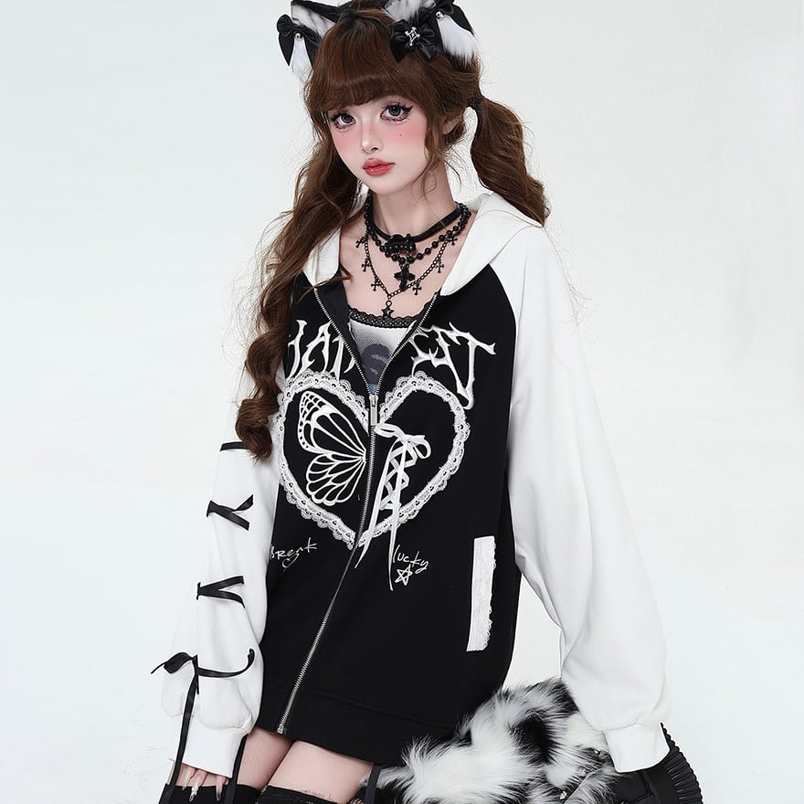 サブカル 服 地雷系 通販 パーカー スウェットジャケット 長袖 ルーズ ZIP リボン CRAZYGIRL ケーキスカート JKロリィタ 原宿スタイルろりぃたふぁっしょん